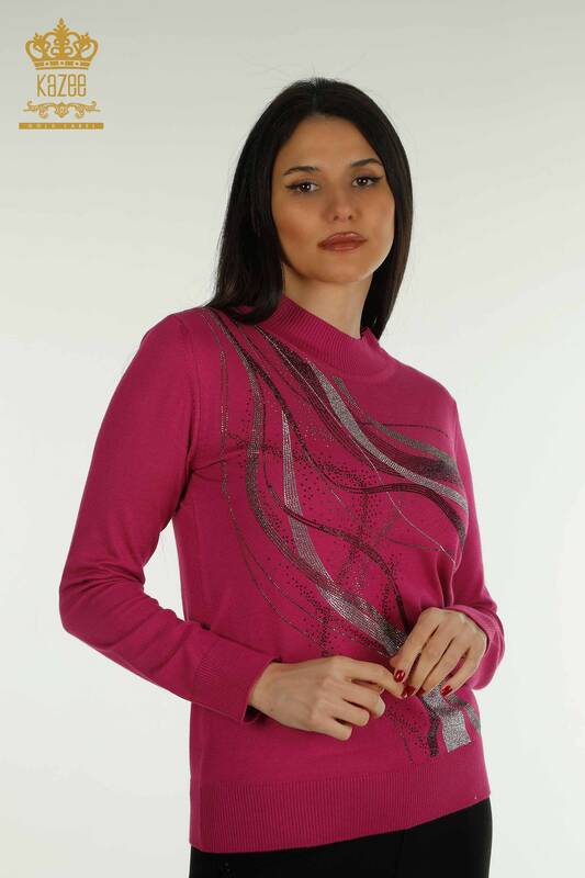 Wholesale Women's Knitwear Sweater Crystal Stone Embroidered Fuchsia - 30469 | KAZEE