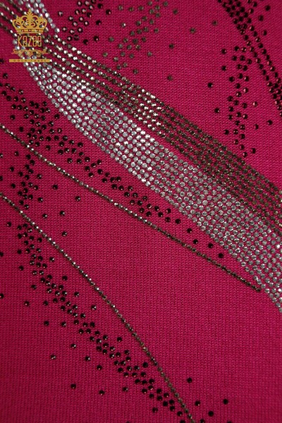 Wholesale Women's Knitwear Sweater Crystal Stone Embroidered Fuchsia - 30469 | KAZEE - Thumbnail