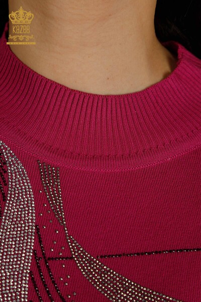 Wholesale Women's Knitwear Sweater Crystal Stone Embroidered Fuchsia - 30469 | KAZEE - Thumbnail