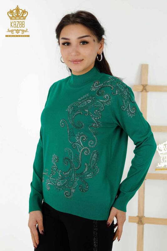 Wholesale Women's Knitwear Sweater - Crystal Stone Embroidered - Green - 30013 | KAZEE