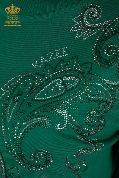 Wholesale Women's Knitwear Sweater - Crystal Stone Embroidered - Green - 30013 | KAZEE - Thumbnail