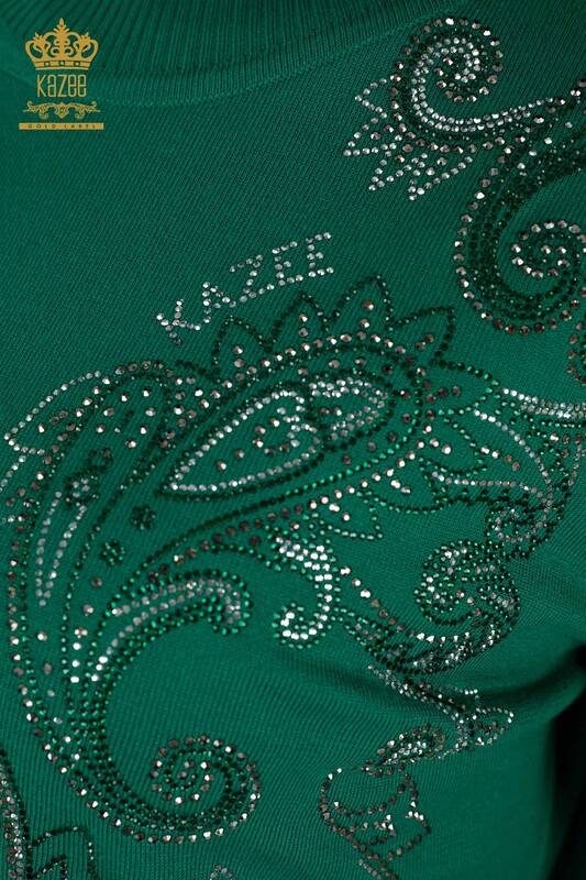 Wholesale Women's Knitwear Sweater - Crystal Stone Embroidered - Green - 30013 | KAZEE