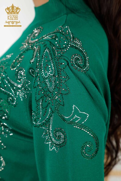 Wholesale Women's Knitwear Sweater - Crystal Stone Embroidered - Green - 30013 | KAZEE - Thumbnail