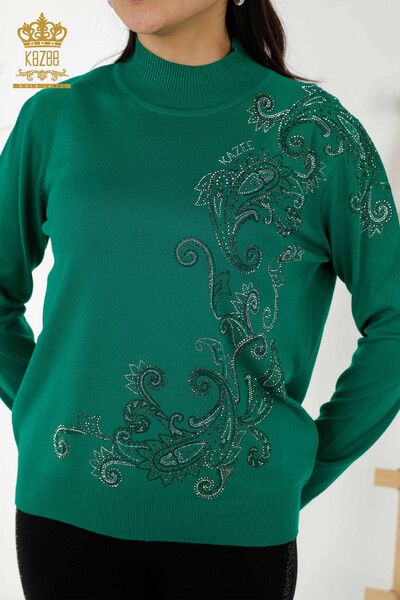 Wholesale Women's Knitwear Sweater - Crystal Stone Embroidered - Green - 30013 | KAZEE - 2