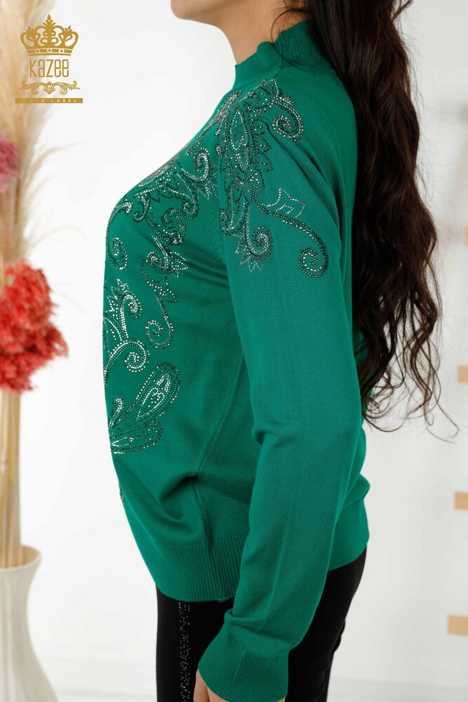 Wholesale Women's Knitwear Sweater - Crystal Stone Embroidered - Green - 30013 | KAZEE - 5