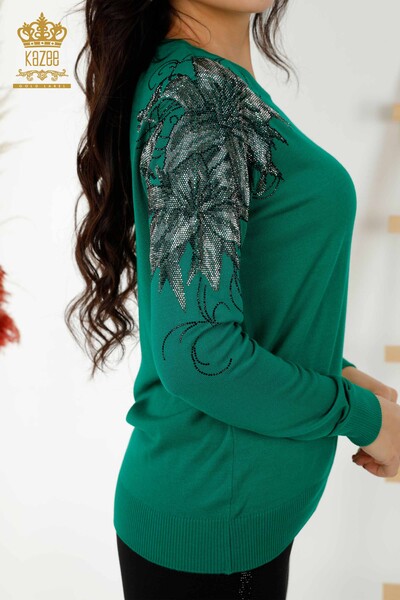 Wholesale Women's Knitwear Sweater Crystal Stone Embroidered Green - 30210 | KAZEE - Thumbnail