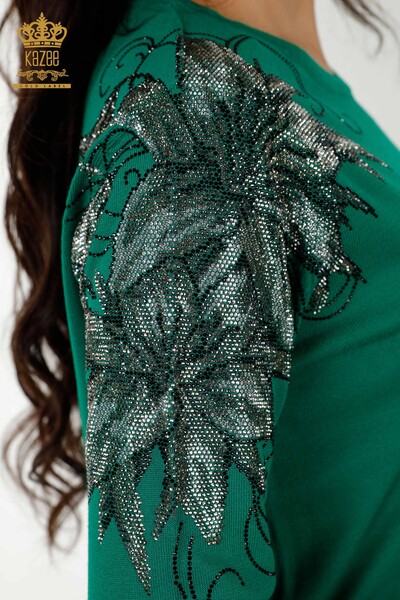 Wholesale Women's Knitwear Sweater Crystal Stone Embroidered Green - 30210 | KAZEE - Thumbnail