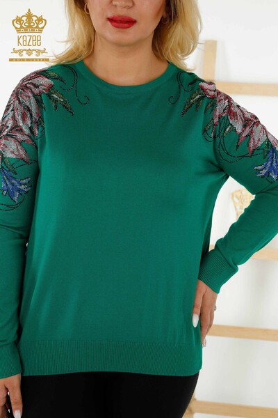 Wholesale Women's Sweater - Crystal Stone Embroidered - Green - 30230 | KAZEE - Thumbnail