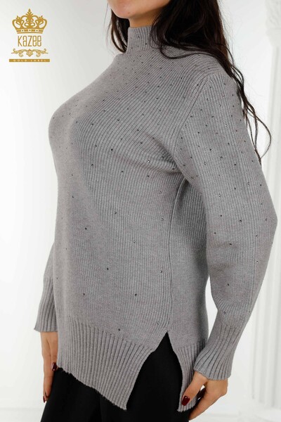 Wholesale Women's Knitwear Sweater Crystal Stone Embroidered Gray - 16901 | KAZEE - Thumbnail