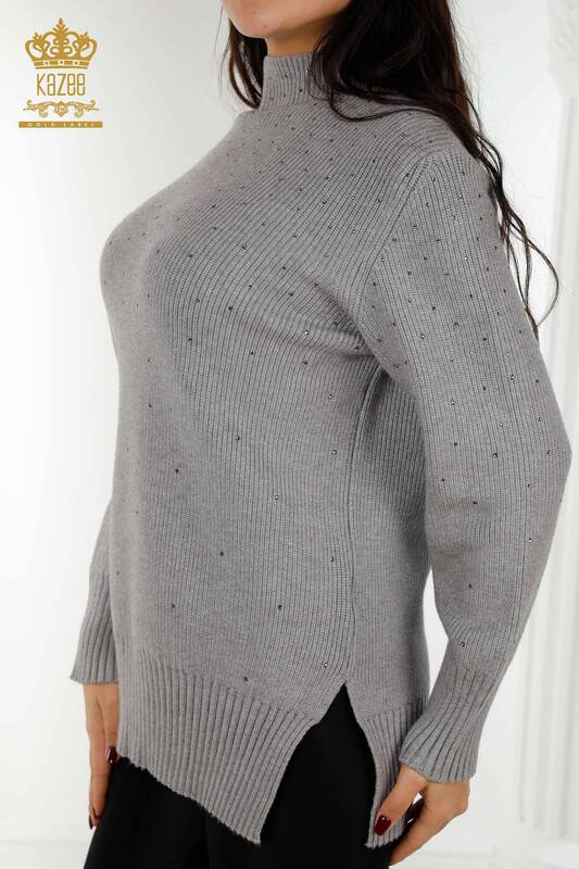 Wholesale Women's Knitwear Sweater Crystal Stone Embroidered Gray - 16901 | KAZEE