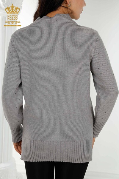 Wholesale Women's Knitwear Sweater Crystal Stone Embroidered Gray - 16901 | KAZEE - Thumbnail