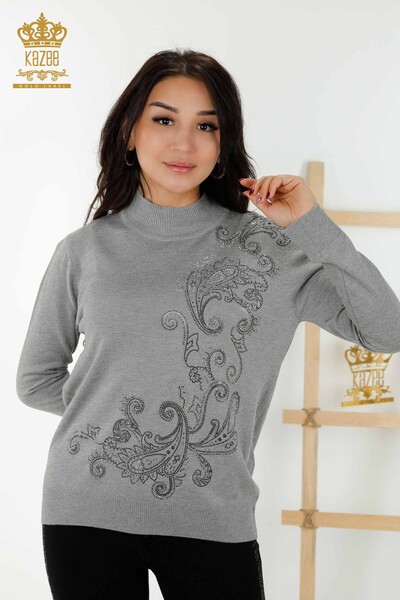 Wholesale Women's Knitwear Sweater - Crystal - Stone Embroidered - Gray - 30013 | KAZEE - Thumbnail