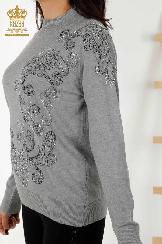 Wholesale Women's Knitwear Sweater - Crystal - Stone Embroidered - Gray - 30013 | KAZEE