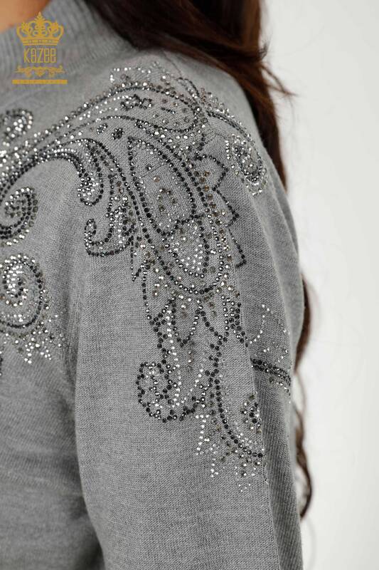 Wholesale Women's Knitwear Sweater - Crystal - Stone Embroidered - Gray - 30013 | KAZEE