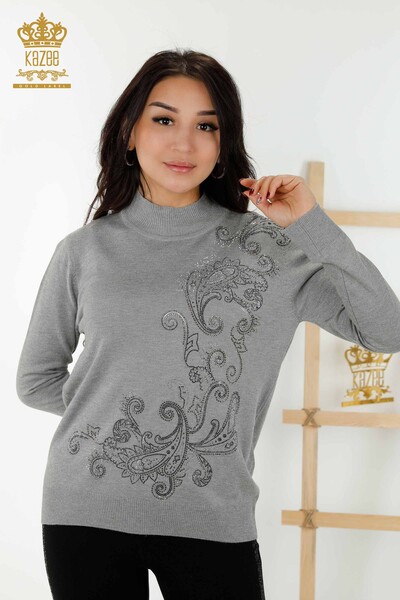 Wholesale Women's Knitwear Sweater - Crystal - Stone Embroidered - Gray - 30013 | KAZEE - 1