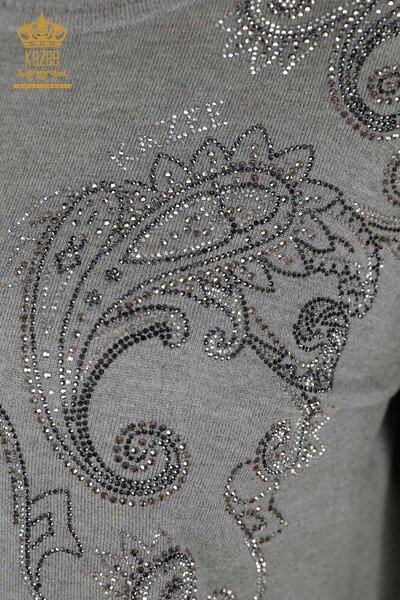 Wholesale Women's Knitwear Sweater - Crystal - Stone Embroidered - Gray - 30013 | KAZEE - 3