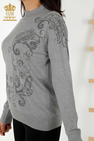 Wholesale Women's Knitwear Sweater - Crystal - Stone Embroidered - Gray - 30013 | KAZEE - 5