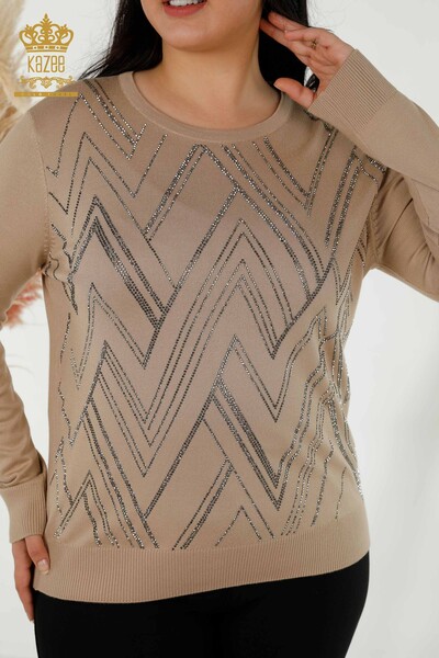 Wholesale Women's Knitwear Sweater - Crystal Stone Embroidered - Mink - 16725 | KAZEE - Thumbnail