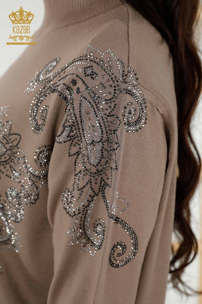 Wholesale Women's Knitwear Sweater Crystal - Stone Embroidered Mink - 30013 | KAZEE - 6