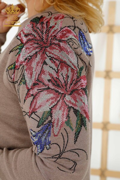 Wholesale Women's Sweater - Crystal Stone Embroidered - Mink - 30230 | KAZEE - Thumbnail