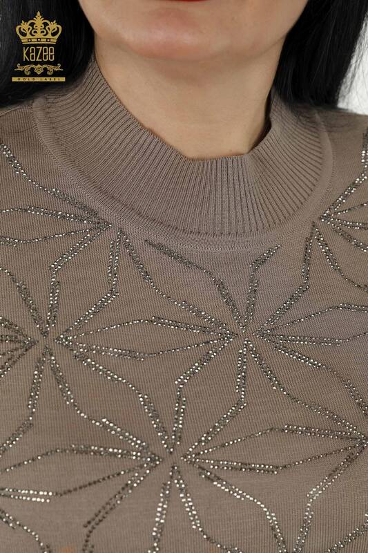 Wholesale Women's Knitwear Sweater - Crystal Stone Embroidered - Mink - 30305 | KAZEE