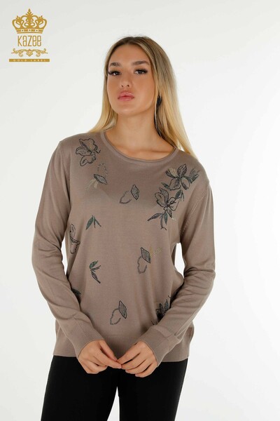 Wholesale Women's Knitwear Sweater Crystal Stone Embroidered Mink - 30467 | KAZEE - Thumbnail