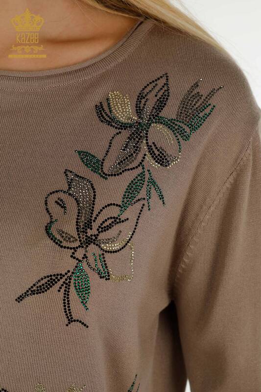 Wholesale Women's Knitwear Sweater Crystal Stone Embroidered Mink - 30467 | KAZEE