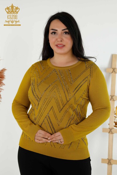 Wholesale Women's Knitwear Sweater Crystal Stone Embroidered Mustard - 16725 | KAZEE - Thumbnail