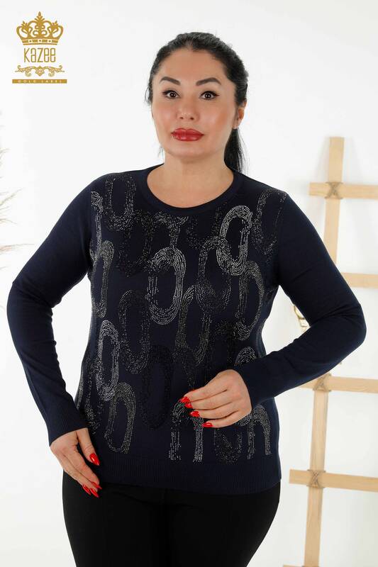 Wholesale Women's Knitwear Sweater - Crystal Stone Embroidered - Navy Blue - 16964 | KAZEE