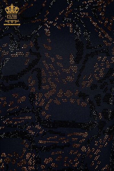Wholesale Women's Knitwear Sweater Crystal Stone Embroidered Navy - 30008 | KAZEE - 3