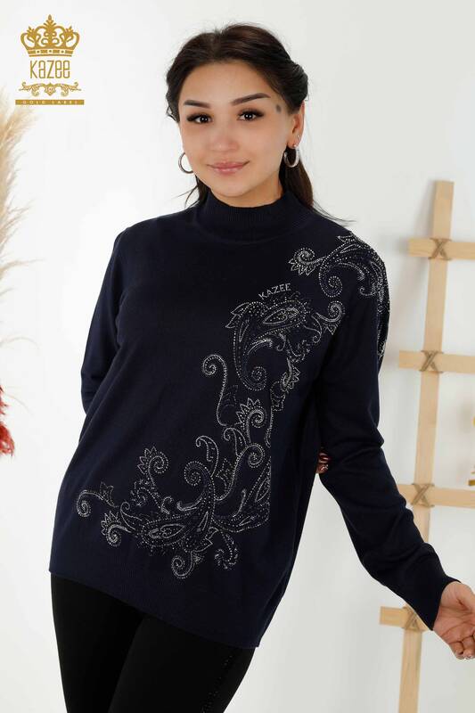 Wholesale Women's Knitwear Sweater - Crystal Stone Embroidered - Navy Blue - 30013 | KAZEE