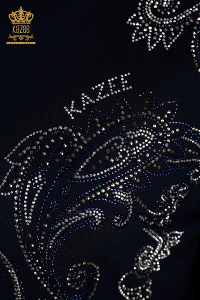 Wholesale Women's Knitwear Sweater - Crystal Stone Embroidered - Navy Blue - 30013 | KAZEE - Thumbnail