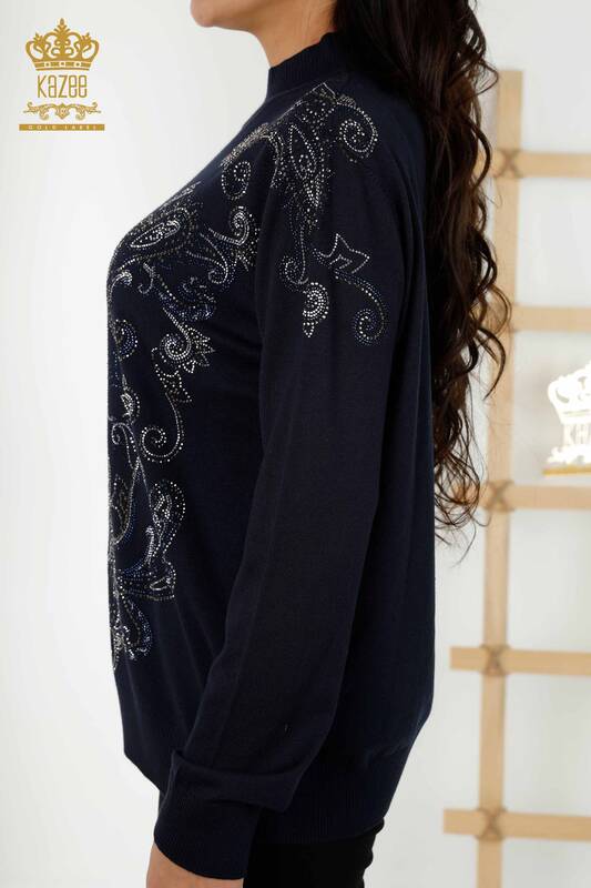 Wholesale Women's Knitwear Sweater - Crystal Stone Embroidered - Navy Blue - 30013 | KAZEE