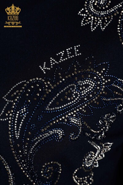 Wholesale Women's Knitwear Sweater - Crystal Stone Embroidered - Navy Blue - 30013 | KAZEE - 3