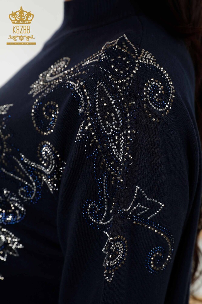 Wholesale Women's Knitwear Sweater - Crystal Stone Embroidered - Navy Blue - 30013 | KAZEE - 6