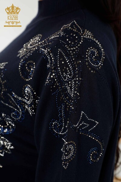 Wholesale Women's Knitwear Sweater - Crystal Stone Embroidered - Navy Blue - 30013 | KAZEE - 6