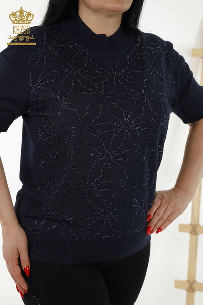 Wholesale Women's Knitwear Sweater - Crystal Stone Embroidered - Navy Blue - 30305 | KAZEE - Thumbnail