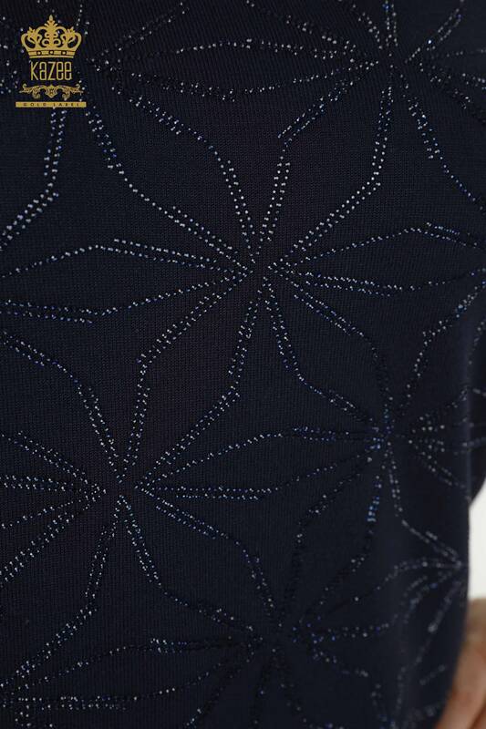 Wholesale Women's Knitwear Sweater - Crystal Stone Embroidered - Navy Blue - 30305 | KAZEE