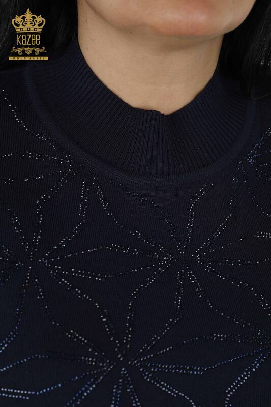 Wholesale Women's Knitwear Sweater - Crystal Stone Embroidered - Navy Blue - 30305 | KAZEE