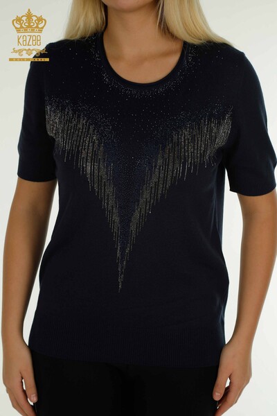 Wholesale Women's Knitwear Sweater Crystal Stone Embroidered Navy Blue - 30330 | KAZEE - Thumbnail