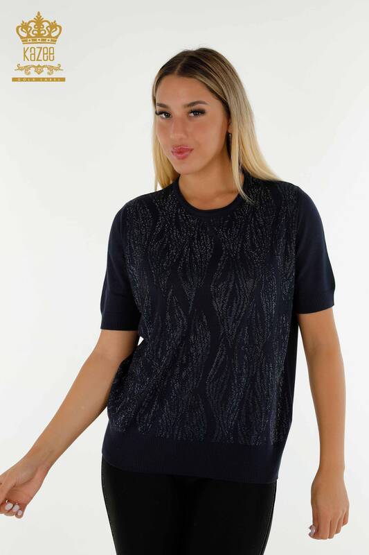 Wholesale Women's Knitwear Sweater Crystal Stone Embroidered Navy Blue - 30332 | KAZEE