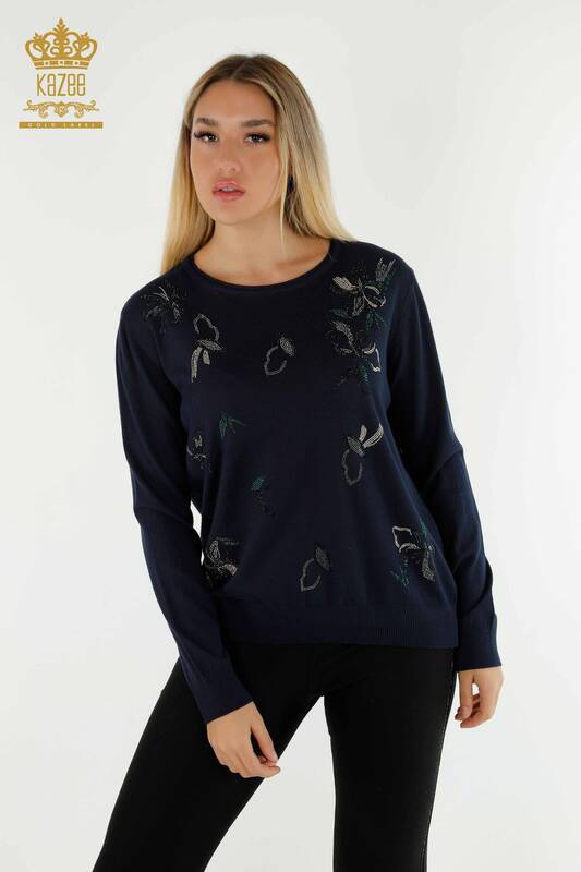 Wholesale Women's Knitwear Sweater Crystal Stone Embroidered Navy Blue - 30467 | KAZEE