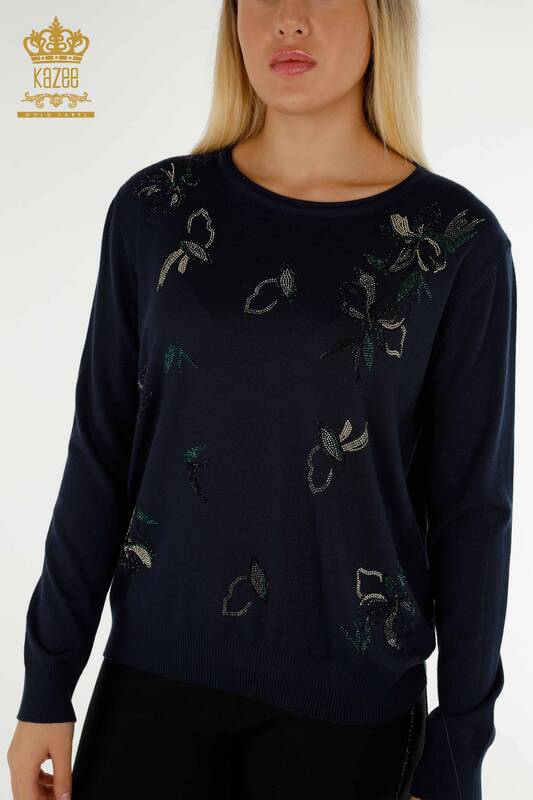 Wholesale Women's Knitwear Sweater Crystal Stone Embroidered Navy Blue - 30467 | KAZEE