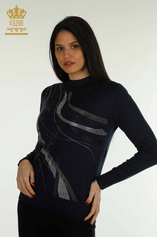 Wholesale Women's Knitwear Sweater Crystal Stone Embroidered Navy Blue - 30469 | KAZEE