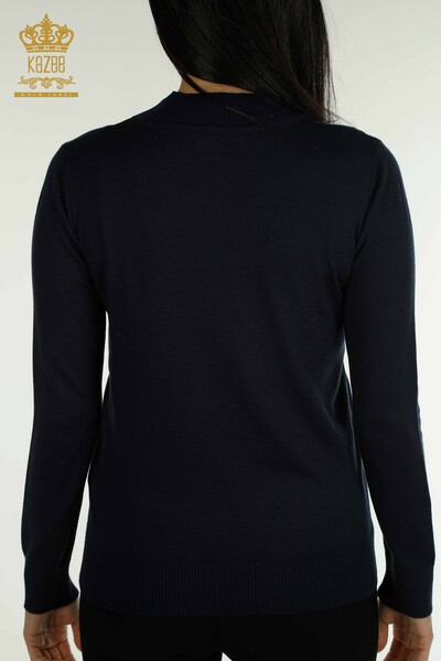 Wholesale Women's Knitwear Sweater Crystal Stone Embroidered Navy Blue - 30469 | KAZEE - Thumbnail