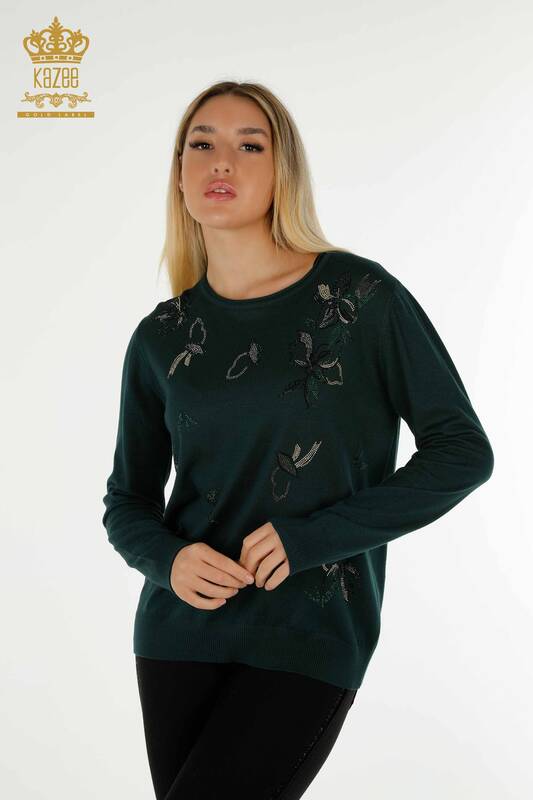 Wholesale Women's Knitwear Sweater Crystal Stone Embroidered Nephti - 30467 | KAZEE