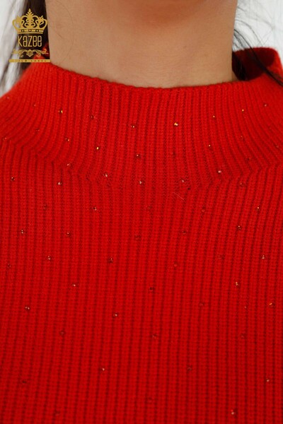 Wholesale Women's Knitwear Sweater Crystal Stone Embroidered Orange - 16901 | KAZEE - Thumbnail