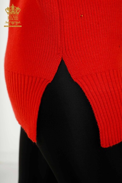 Wholesale Women's Knitwear Sweater Crystal Stone Embroidered Orange - 16901 | KAZEE - Thumbnail