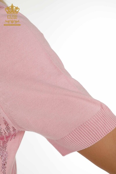 Wholesale Women's Knitwear Sweater Crystal Stone Embroidered Pink - 30332 | KAZEE - Thumbnail