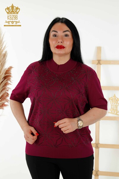 Wholesale Women's Knitwear Sweater - Crystal Stone Embroidered - Plum - 30305 | KAZEE - Thumbnail